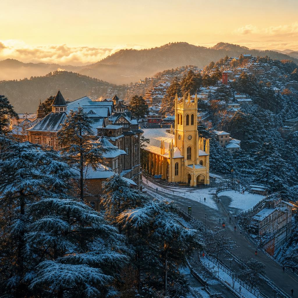 Colonial mansions and snow-dusted pine forests in Shimla